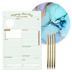 Oriday Bundle Sale - Teal & Gold Items Daily planner + Round Mousepad (Teal Ocean) + Gold Ballpoint Pen set! Teal & Gold color theme bundle