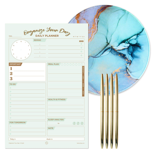 Oriday Bundle Sale - Teal & Gold Items Daily planner + Round Mousepad (Teal Ocean) + Gold Ballpoint Pen set! Teal & Gold color theme bundle