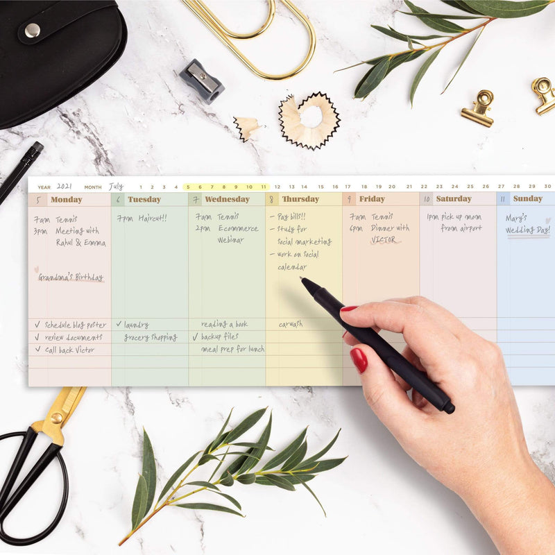 Oriday Weekly Calendar Planner Notepad Tear Off Pad Rainbow - Cover all 365 days ! Keep track of all 7 days a week, a whole year of 52 weeks. It provides an equal space to cover every day without exception, including space for weekends, for the entire year. 4.5 x 12", 52 sheets