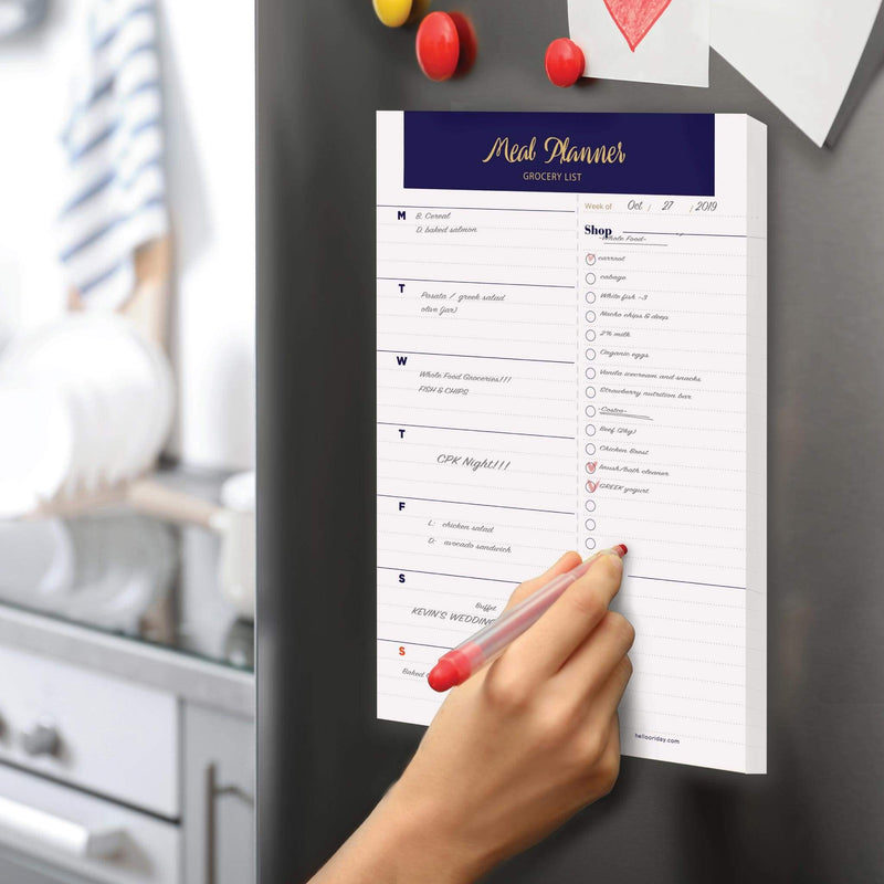 Weekly Magnetic Meal Planner Notepad - simple design navy gold -  fridge grocery list & weekly meal planning pad planner with 2 magnets. Tear off groceries shopping list. 52 sheets, 6x9”, Perfect for weekly diet prep, what to eat family menu meal plan pad, menu planner - Hello Oriday
