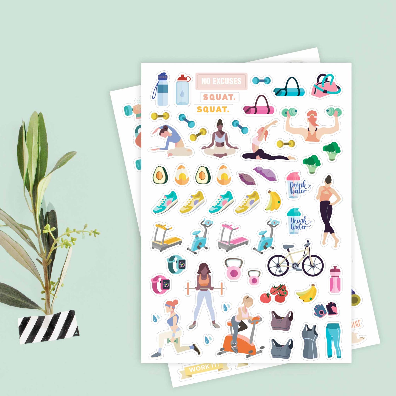 Fitness Planner Stickers - Clear Gold Foil Icons For Exercise, Healthy Eating, Yoga, Meditation - Minimalist Functional Sticker Set