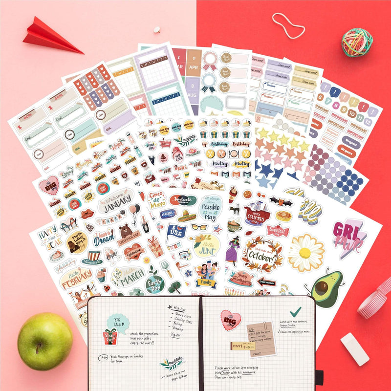 Oriday Daily Planner Sticker Pack 1,050+ Cute Stickers (14 Productivity Sheets) - Journal & Seasonal, Holidays, Budget, Organizer, Calendar Stickers for Adults Planners