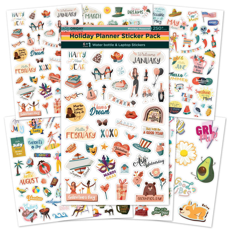 Hello Oriday - Happy Holiday Seasonal Planner Stickers - 500+ Cute Stickers for Daily Planners – Monthly Events, Halloween, Calendars, Journal, Female Empowerment, Teachers, 6 Water Bottle Stickers Pack