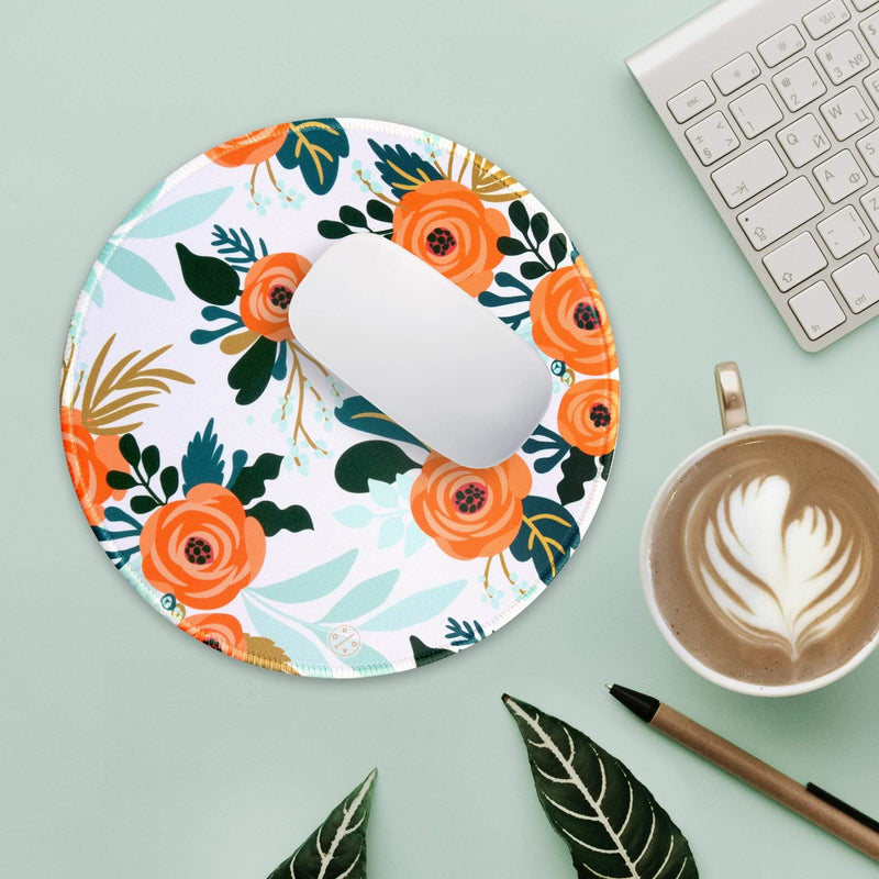 Best Non-slip Desk gaming round Mouse Pads - Orange Camellia - Best cute large circle mousepads. Productivity inspirational pattern modern design. Home and office, non-slip thick rubber - Hello Oriday