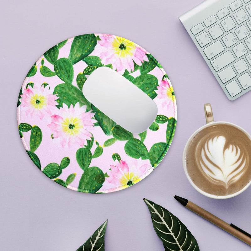 Best Non-slip Desk gaming round Mouse Pads - Pink Cactus - Best cute large circle mousepads. Productivity inspirational pattern modern design. Home and office, non-slip thick rubber - Hello Oriday